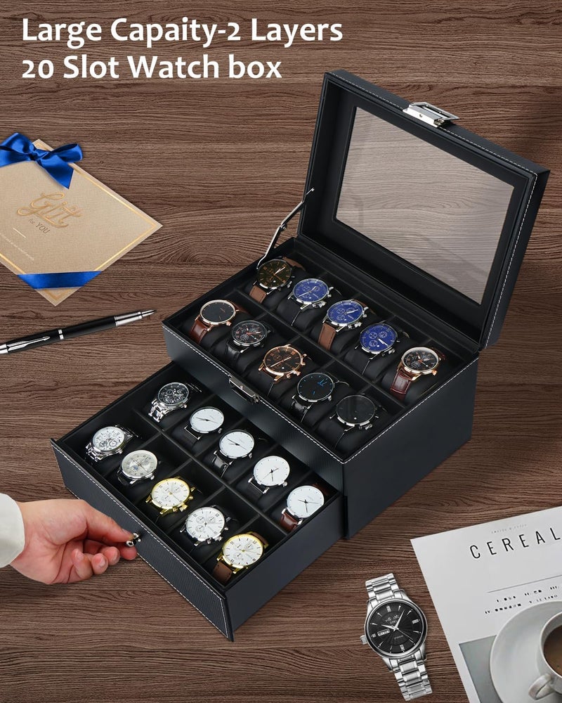 Jenseits Watch Box, 20 Slot Watch Case for Men, 2 Layers Lockable Watch Display Case with Glass Lid, Large Capacity Watch Storage Organizer, Gift for Loved Ones, Luxury Watch Holder (Black) - Image 2